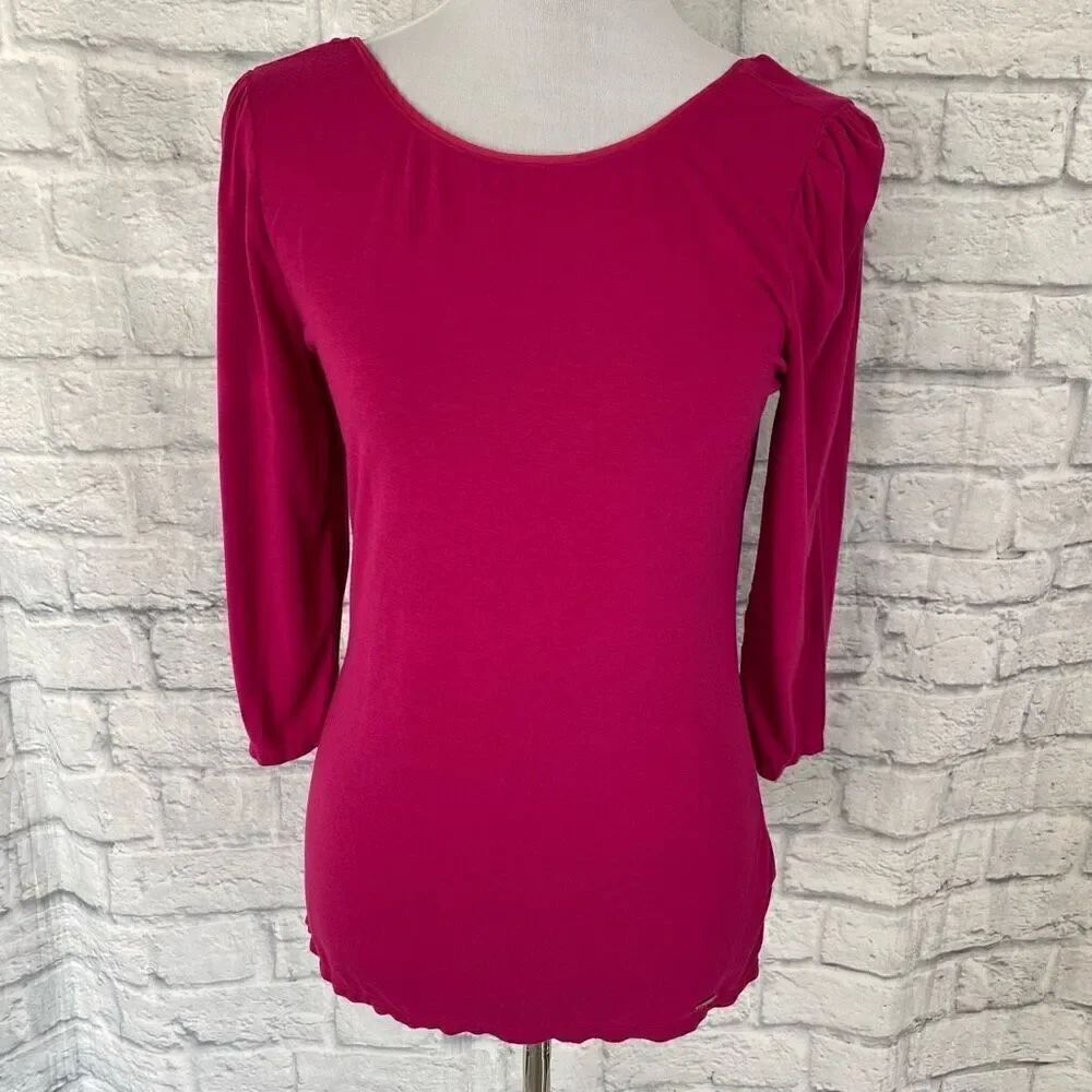 White House Black Market women M scoopneck front & back 3/4 blouse pink